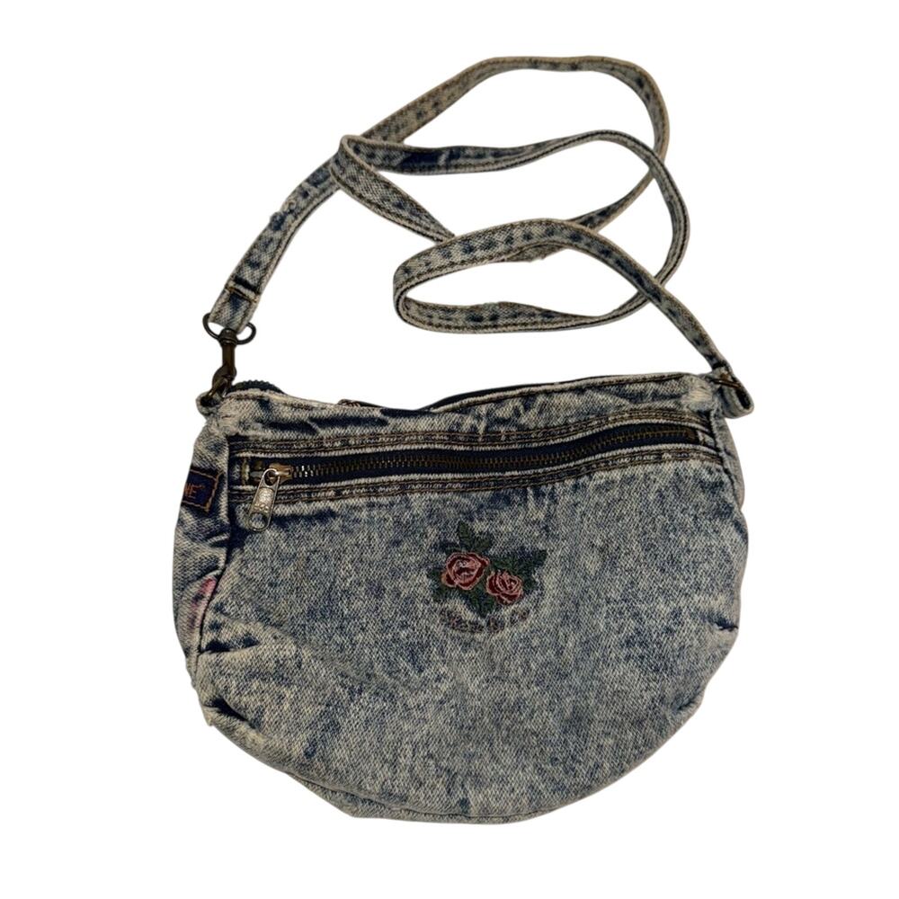 VINTAGE SHANE & CO 90s Y2K distressed denim embroidered double zip crossbody